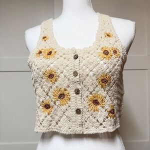 Rebellion Again Ivory Crochet Sunflower Crop Top Button Front size S